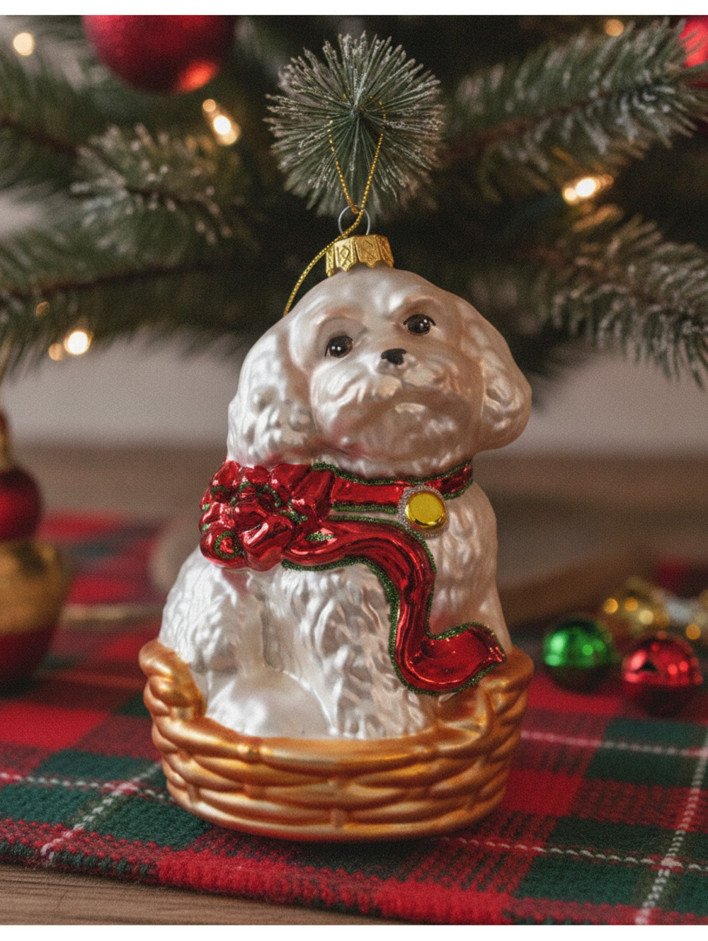 Glass Pearl White Christmas Puppy Dog in a Basket Ornament, Vintage Christmas